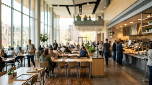 Blurred cafeteria dining hall university food court people lunch break corporate canteen modern interior restaurant background abstract crowd