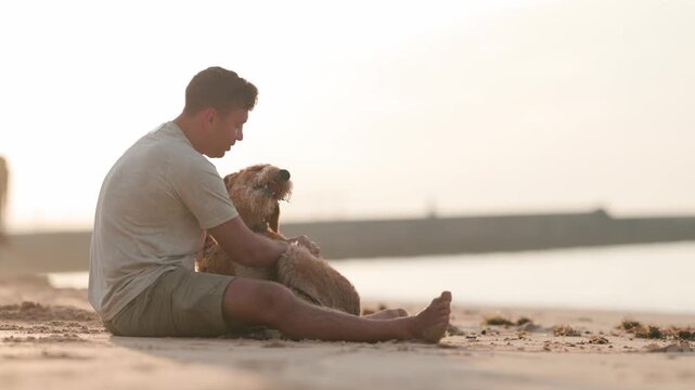 Man petting his beloved dog on a sandy beach at sunset