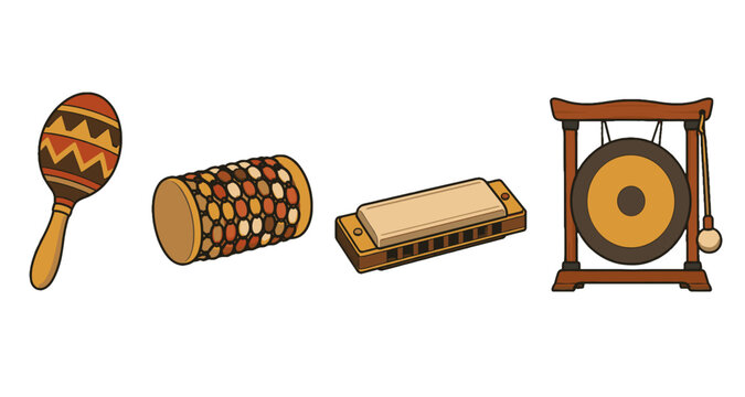Hand drawn percussion instruments and harmonica vector set
