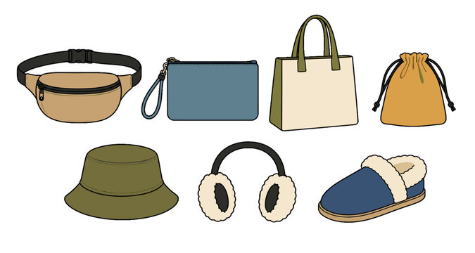 Illustrated set of bags, bucket hat, earmuffs and slipper