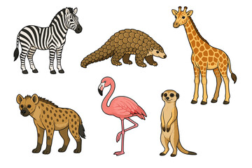 Obraz premium Cartoon safari animals set with zebra giraffe flamingo and more