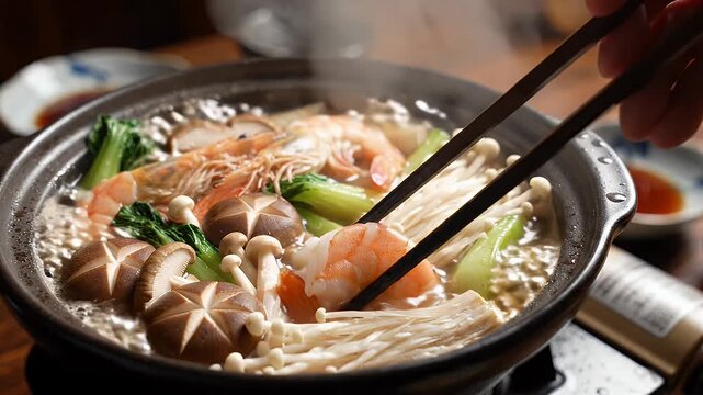 Delicious Japanese Hot Pot with Shrimp and Vegetables - A close-up shot of a steaming Japanese hot pot filled with plump shrimp, fresh green vegetables, and various mushrooms.