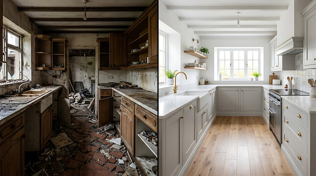 Comparison of neglected dilapidated kitchen and modern pristine kitchen showcasing renovation transformation