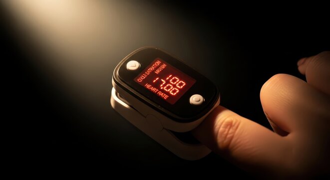 Close-up of a pulse oximeter on a fingertip displaying oxygen saturation and heart rate in red digital numbers against a dark background with dramatic