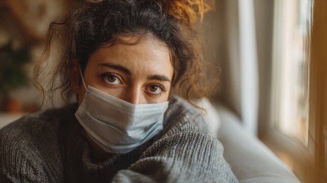 Portrait of a stressed woman wearing a medical mask in a quiet interior, conveying health anxiety