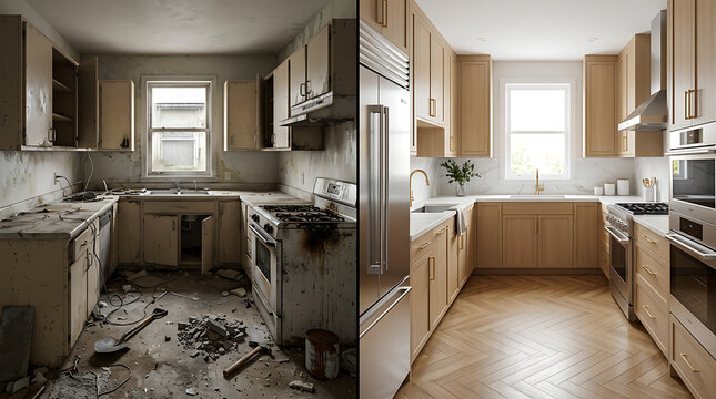 Transformation of a neglected and dirty kitchen into a modern pristine cooking space showcasing renovation success