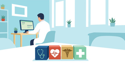 Fototapeta premium Medical professional managing digital health records and clinical data modern flat vector illustration for healthcare technology and hospital management marketing