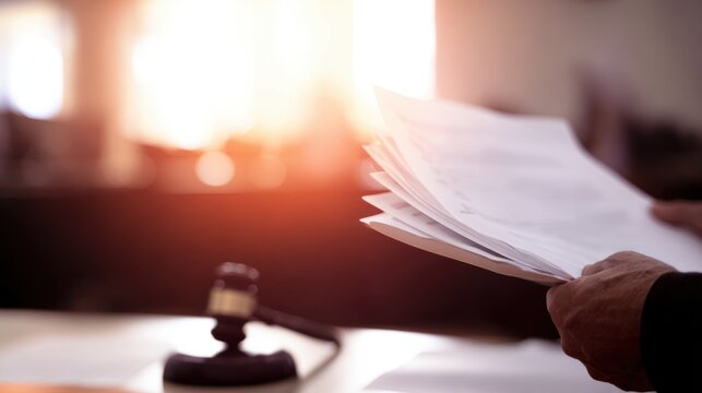 Court session with documents and a gavel in focus during morning hours