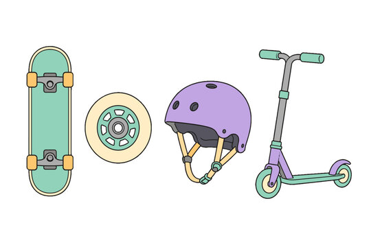 Pastel skateboard wheel helmet and kick scooter vector set