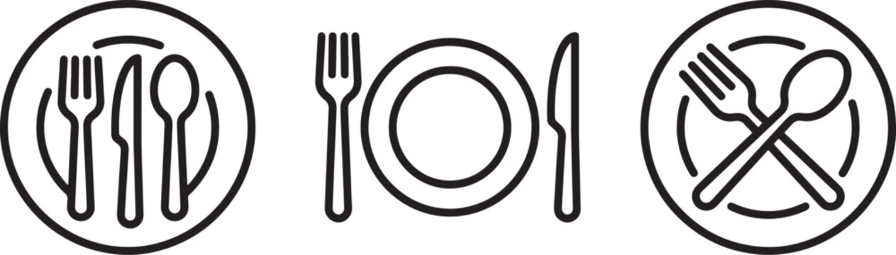 Set of dining cutlery and plate icons featuring minimalist black line art for restaurant menu design