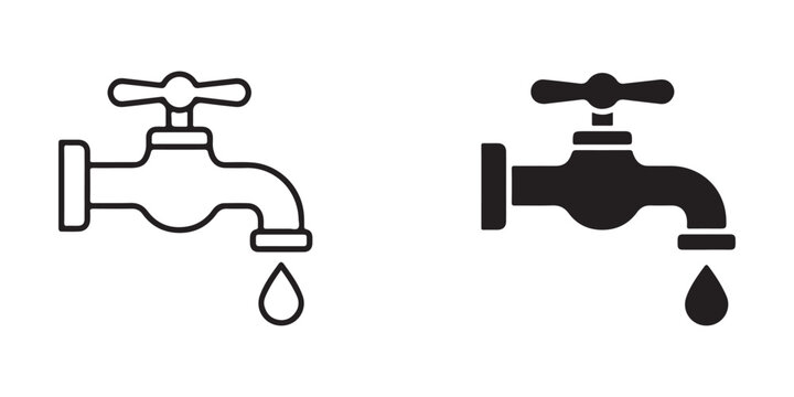 Water faucet icons with dripping water in black and white outline styles isolated on transparent background