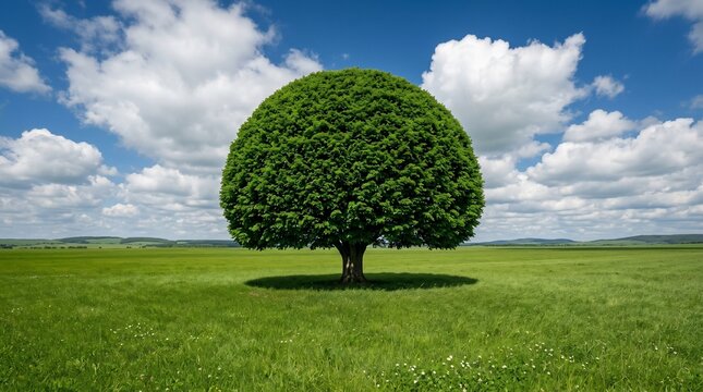 Single round tree in a green meadow under blue sky