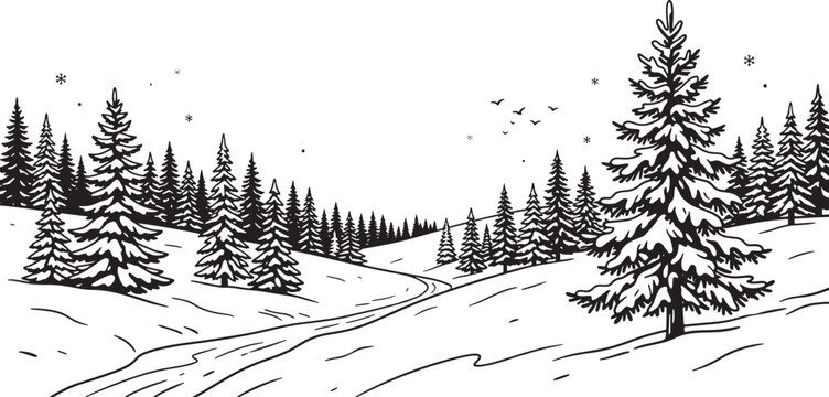 Winter landscape with pine forest and snowy path in black and white hand drawn vector illustration