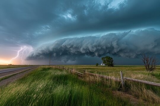 Powerful thunderstorm over flat countryside with dramatic lighting and horizon glow