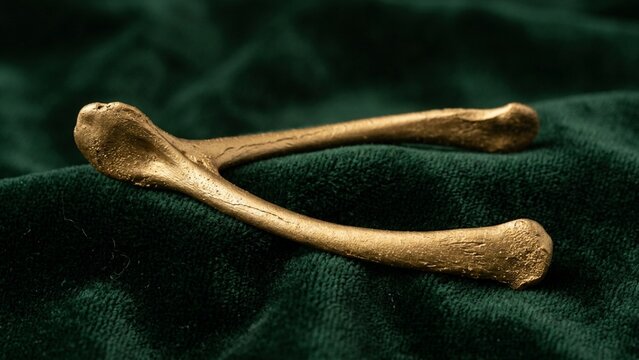 Golden metallic wishbone resting on green velvet fabric with soft studio lighting for luck concept