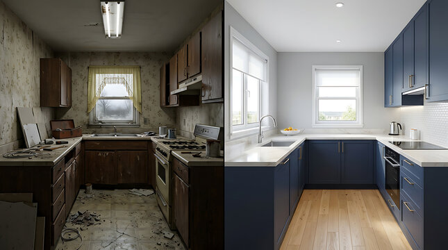 Comparison of neglected dilapidated old kitchen with bright modern renovated kitchen interior designs