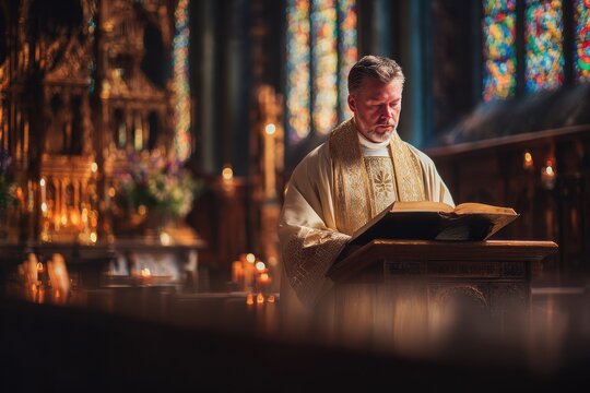 Priest in liturgical vestments reading a Bible in a quiet church interior
