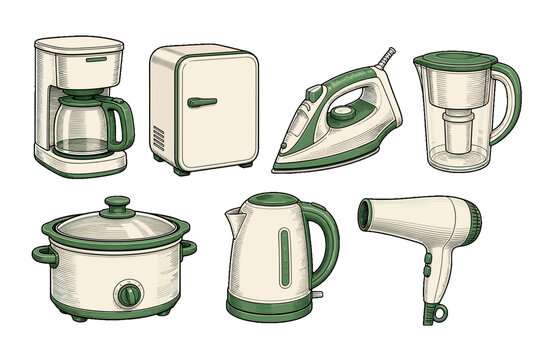 Vintage kitchen appliance set in green and cream vector style