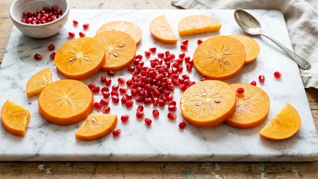 Sliced persimmon and red pomegranate seeds on marble board in natural light food arrangement