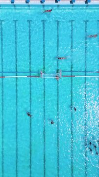 Aerial Top Down View of Swimmers Training in an Outdoor Swimming Pool
