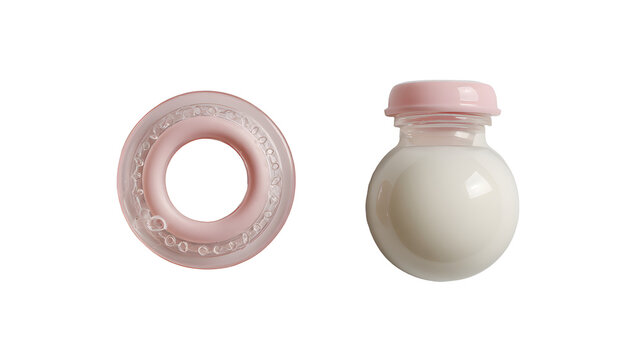 Baby pacifier and bottle on white background with pacifier small glass bottle pink cap feeding soother nursing plastic objects infant with binky