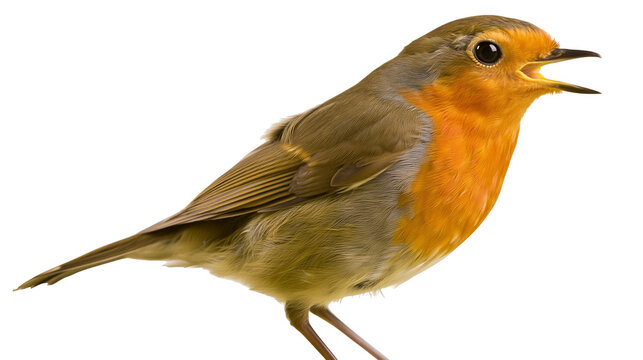 European Robin bird with open beak and orange breast