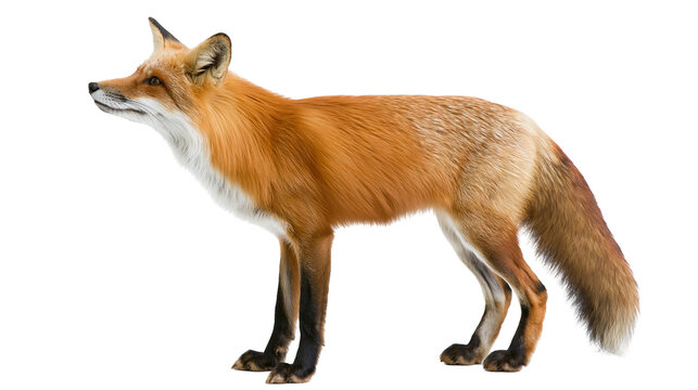 Red fox standing profile view with white chest and tail tip