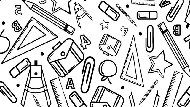 Back to School Doodle Seamless Pattern Background Loop Black and White Hand Drawn School Supplies Animation.