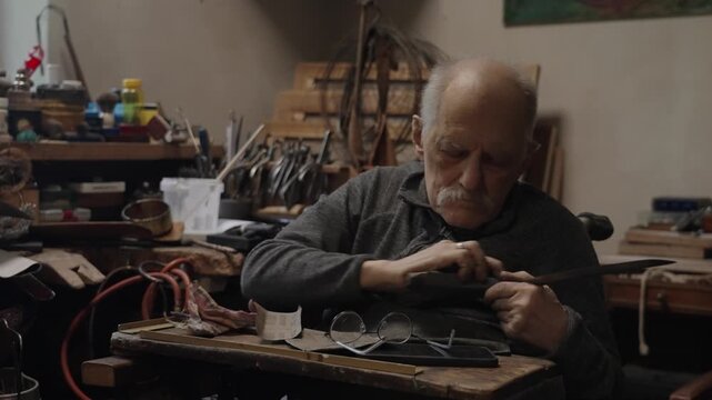 Elderly craftsman working in his old workshop, carefully restoring collectible Japanese bladed weapons