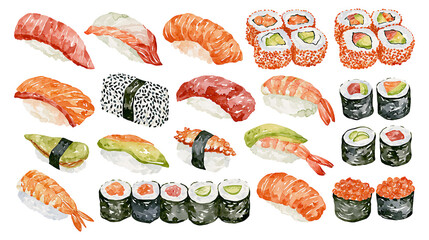Assortment of Watercolor Sushi and Rolls © Thaddeus