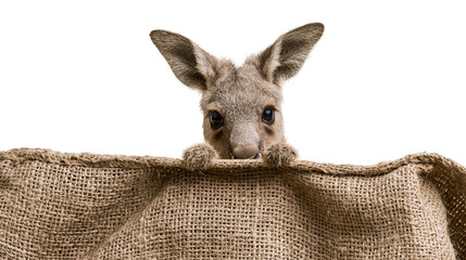 Baby kangaroo peeking over burlap sack © Thaddeus