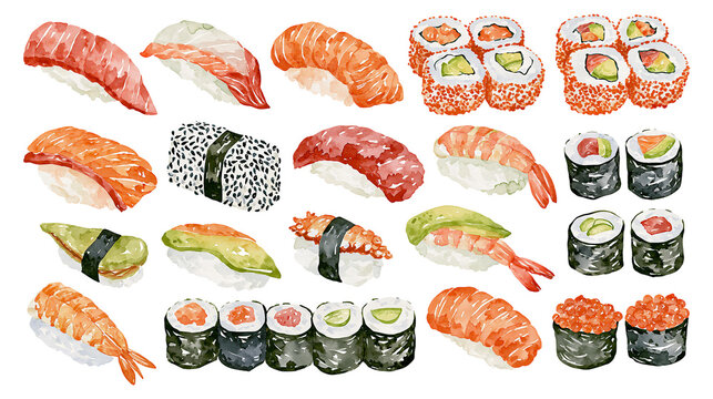 Assortment of Watercolor Sushi and Rolls