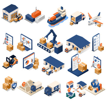 Logistics and Supply Chain Isometric Illustration Set. Warehouse and Logistics Isometric Illustration Collection. Global Supply Chain Isometric Icon Set.