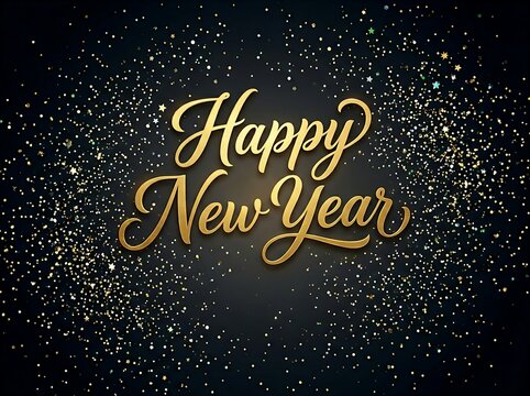 Beautiful golden happy new year greeting with sparkling confetti and stars celebration design
