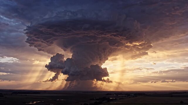 Dramatic Supercell Storm Cloud Formation at Sunset - A colossal supercell thunderstorm dominates the sky at sunset, with dramatic clouds and visible rain shafts illuminated by golden light.
