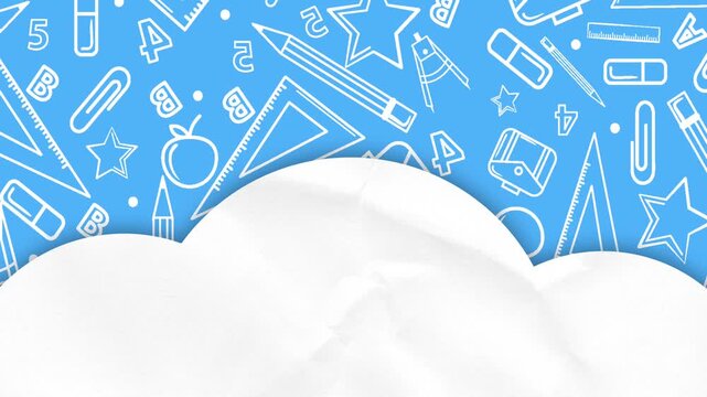 Back to School Background with Blue Sky and White Doodle School Supplies.