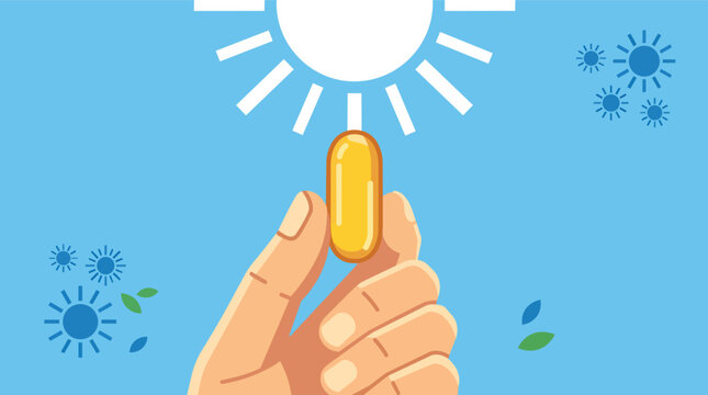 Vitamin d supplement capsule with sun exposure health concept flat vector illustration for pharmaceutical and wellness marketing