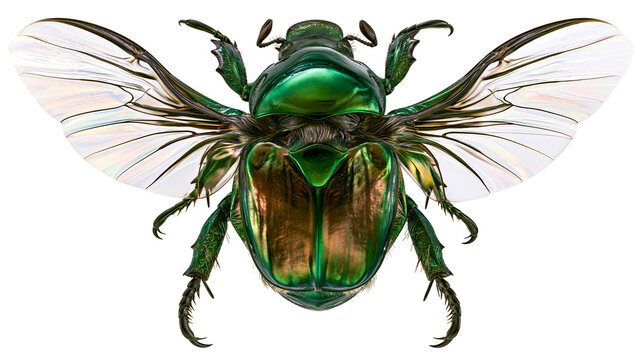 Metallic green scarab beetle with iridescent wings spread