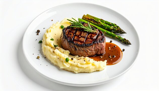 Grilled beef steak served with creamy mashed potatoes and fresh asparagus on a white plate, elegant gourmet restaurant meal isolated on a clean background.