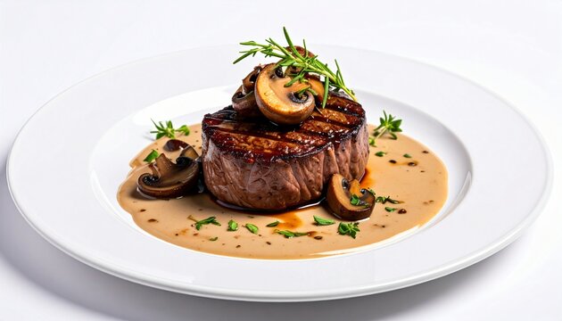 Gourmet beef filet steak with creamy mushroom sauce served on a white plate, elegant fine dining restaurant meal isolated on a clean background.
