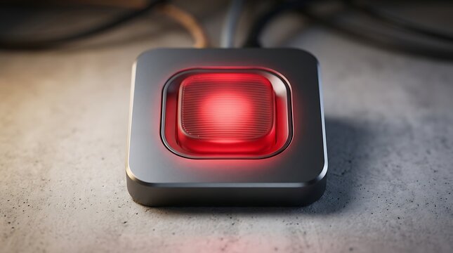 Industrial red alert button glowing on a textured floor