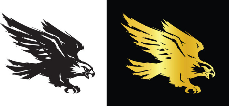 Aggressive Hunting Eagle Bird Vector Illustration Set in Black Ink and Gold Metallic Style
