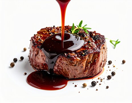 Rich barbecue sauce being poured over a grilled beef steak on a clean white background, premium gourmet steak food photography with dramatic presentation.