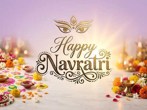 Beautiful navratri festival celebration with decorative items and happy navratri text greeting card design