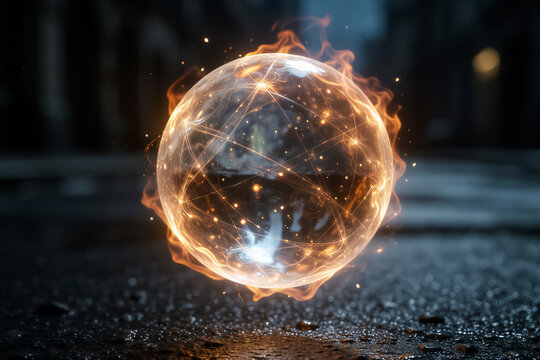A glowing orb of fire and light with geometric lines floating over wet asphalt at night.