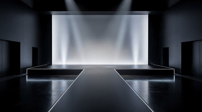 Modern fashion runway stage with spotlights and screen.