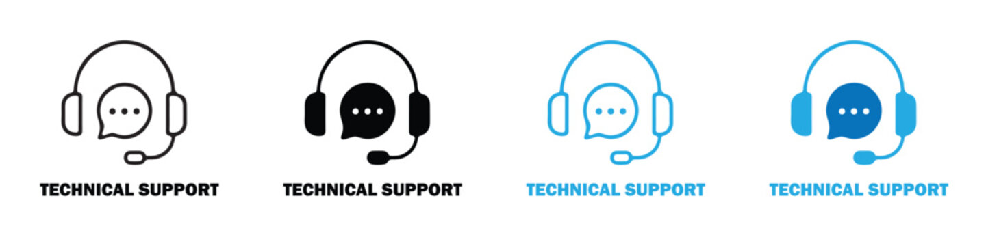 Technical Support Headset Icon Set, Customer Service Chat Bubble, Call Center Help Desk, Editable Flat Line UI Vector