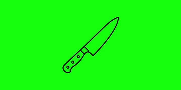 A simple, black outline of a chef's knife centered on a bright green screen background, perfect for chroma key editing and animation compositing.