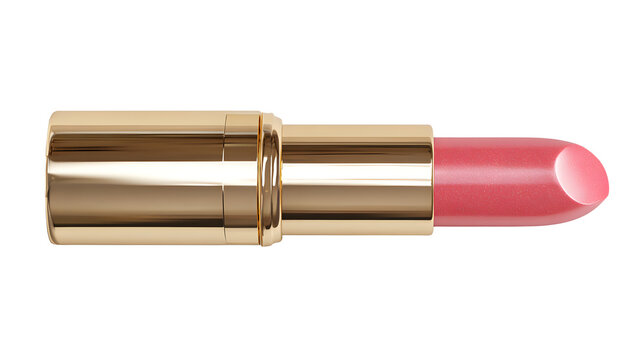 Pink lipstick in gold tube on white background with cosmetics container metallic personal isolated product makeup beauty glossy shiny with color