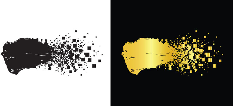 Abstract Paint Brush Stroke with Pixel Dispersion Effect in Black and Gold Colors
